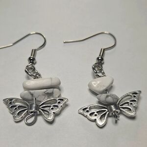 Natural Gemstone Earrings White Turquoise Sterling Silver Butterfly Charm